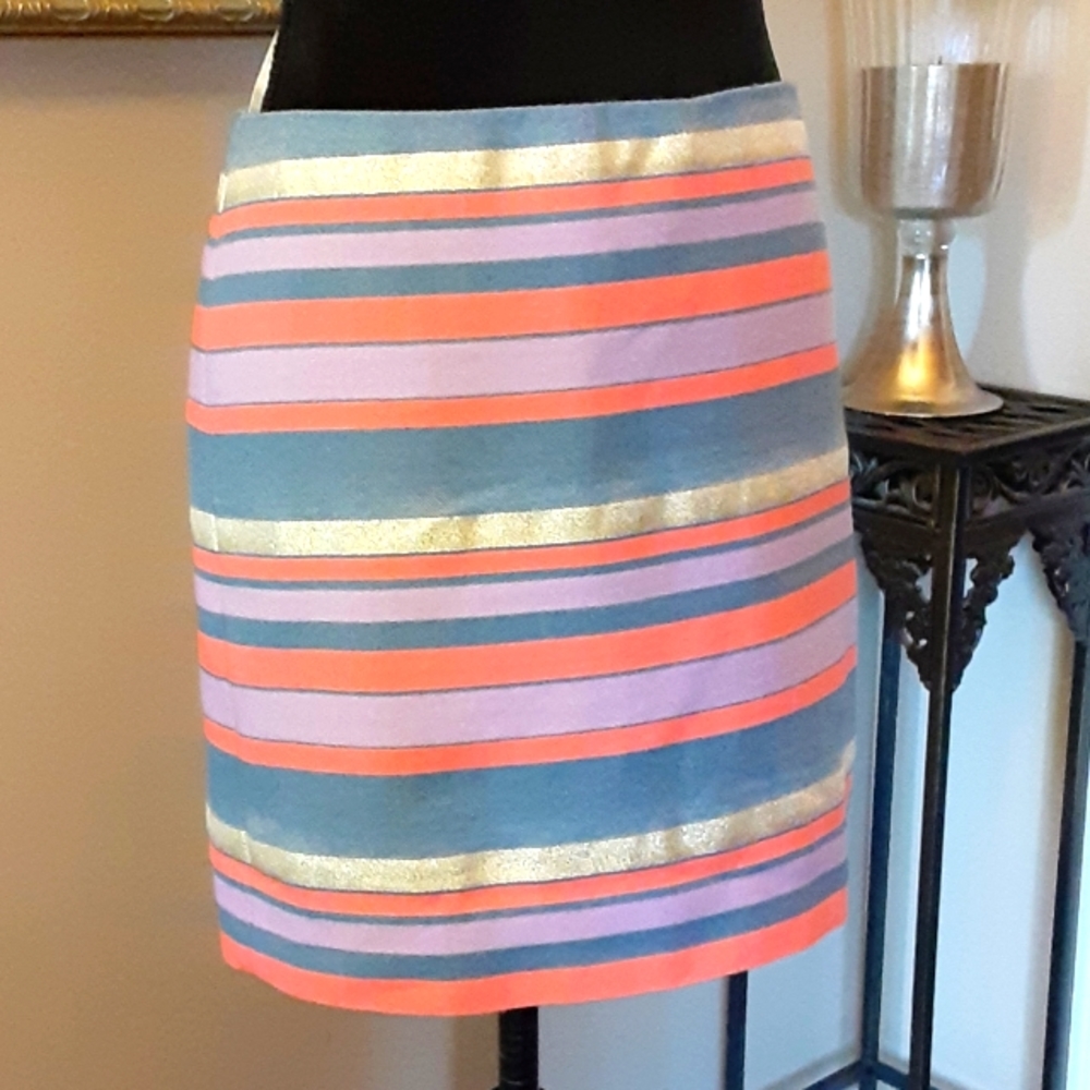 J Crew gold metallic pencil mini skirt blue coral lavender stripes size 0 EUC…